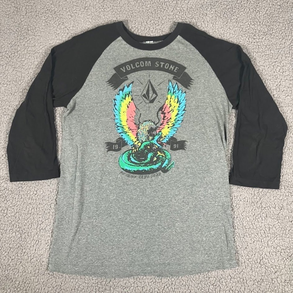 Volcom Stone Mens Gray Black Raglan 3/4 Sleeve Graphic T-Shirt Medium Eagle